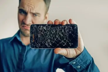 Ein junger Mann hält ein Smartphone mit Displayschaden in die Kamera