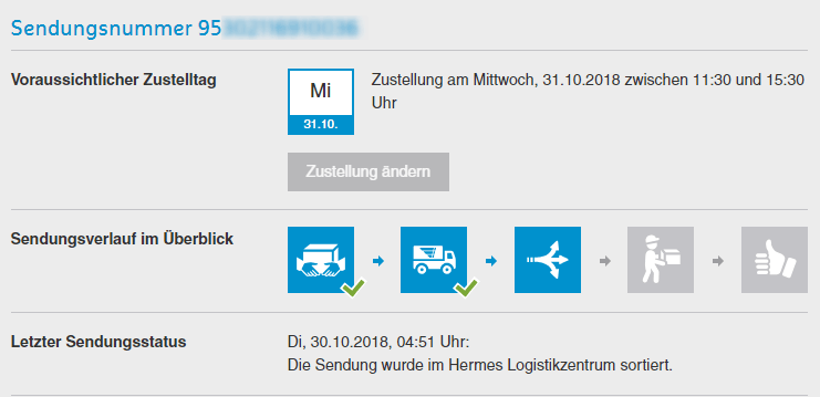 Screenshot der Hermes Sendungsverfolgung