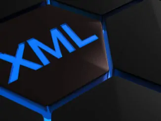 XML in blauer Schriftfarbe auf schwarzem Hintergrund