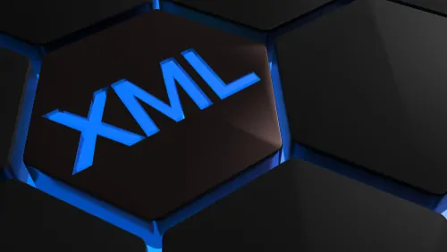 XML in blauer Schriftfarbe auf schwarzem Hintergrund