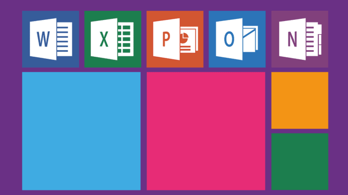 Die Symbole aller Microsoft Office Programme auf violettem Hintergrund.